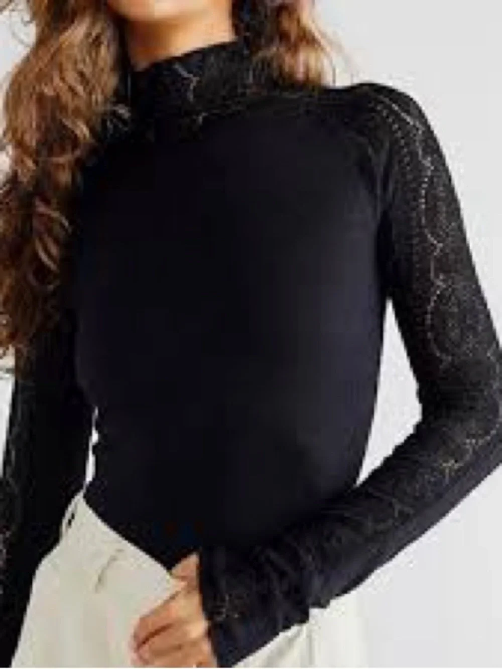 Free People Black Mock Neck Top with Lace Long Sleeves